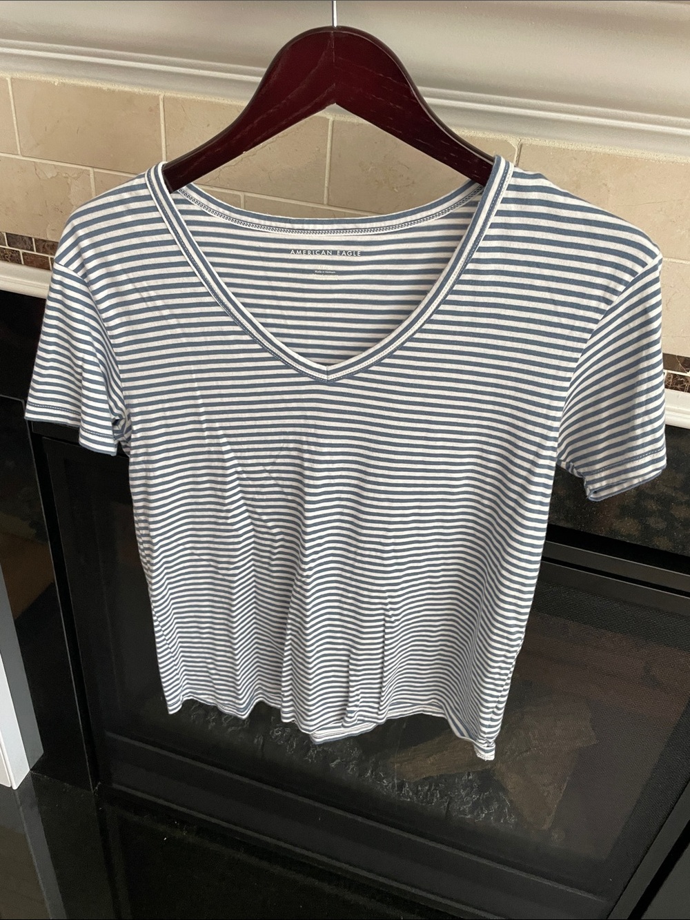 American Eagle Outfitters Striped V-Neck Tee - Blue & White